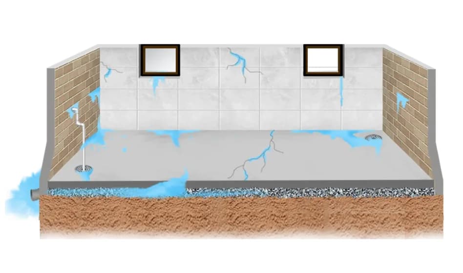 Basement waterproofing diagram showing interior drainage, sump pump, and water flow paths