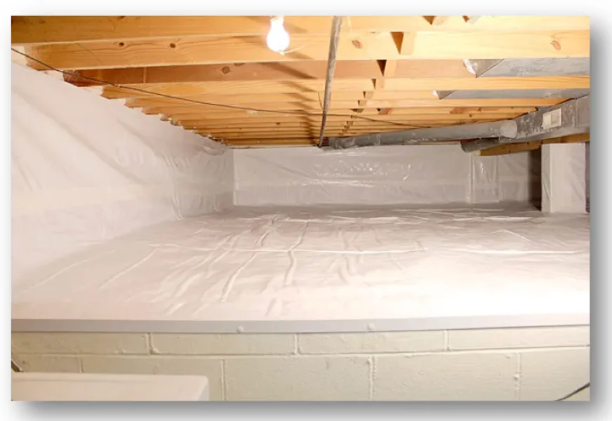 Crawl space encapsulation diagram showing vapor barrier, dehumidifier, and sealed vents